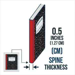 Side view illustration measuring the spine thickness and depth of a 100-sheet composition notebook.