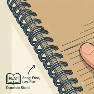 A close-up illustration of the durable metal binding on a flat-lay pocket spiral notebook.