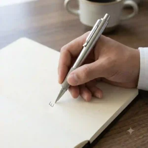 A close up illustration highlighting the ergonomic knurled grip of the stainless steel pen while writing.