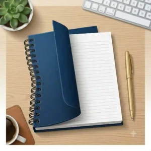 A graphic comparison showing no ink bleed-through on the thick pages of a hardcover spiral notebook.