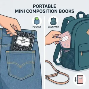 A vector illustration showing a mini composition book sliding easily into the back pocket of jeans and a backpack.