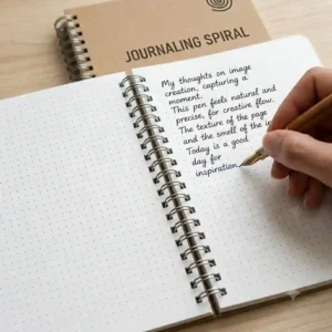 Close-up of a person writing daily thoughts in a spiral bound journal with a pen.