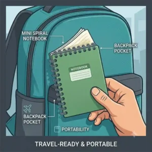 An illustration of a hand sliding small mini spiral notebooks into a backpack pocket, showcasing its travel-friendly size.