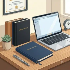 Black and navy blue professional notebooks with hard cover placed next to a laptop in a modern office setup.