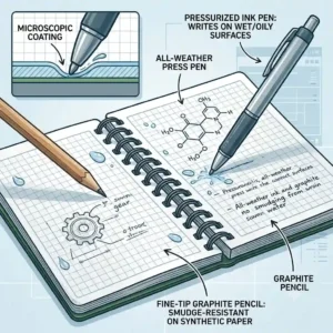 An illustration showing a pencil and an all-weather pen writing smoothly on a waterproof notebook page.