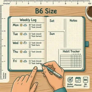 Open pages of a b6 notebook size dot grid journal featuring a clean, hand-drawn weekly planner layout.