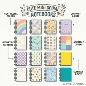 A creative graphic displaying a variety of cute mini spiral notebooks in pastel colors and geometric patterns.