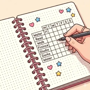 Close-up illustration of a cute spiral notebooks opened to a dotted grid page, showing a hand drawing a weekly habit tracker.