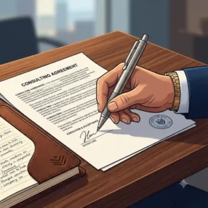 A business professional signing a formal agreement document using a sleek stainless steel pen.