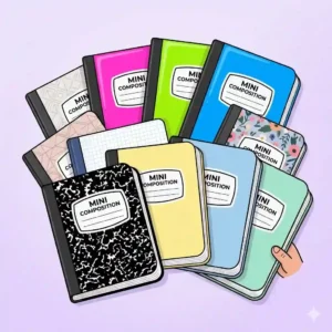 A wide variety of mini composition books in classic marble patterns, pastel colors, and bright neon covers.