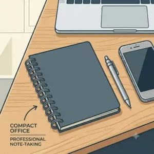 A professional pocket spiral notebook resting next to a laptop in a modern office setup.