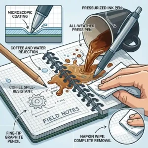 An illustration of a coffee cup spilling onto a waterproof notebook with the liquid wiping off easily without stains.