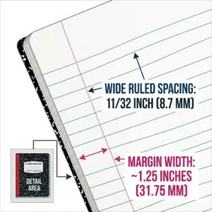 Close-up diagram of wide ruled composition book page measurements highlighting the 11/32-inch line spacing and margin.