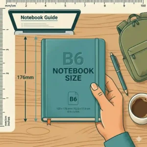 A hardcover b6 notebook size sketchpad resting on a wooden desk next to a cup of coffee and a laptop.