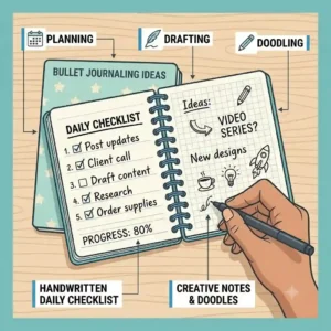 An open mini spiral notebooks featuring handwritten daily checklist ideas and small hand-drawn doodles on grid paper.