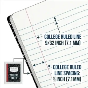 Technical breakdown of college ruled composition book measurements showing the 9/32-inch blue line spacing.