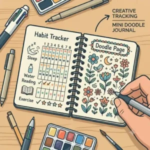 A creative pocket spiral notebook used as a mini bullet journal with colorful sketches and checklists.