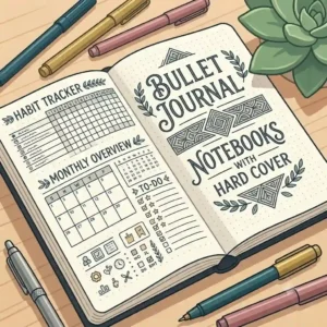 A creative bullet journal layout inside dotted notebooks with hard cover, surrounded by colorful markers.