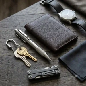 An everyday carry EDC flat lay setup featuring a rugged stainless steel pen alongside a wallet and watch.