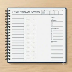 A size guide illustration comparing an A5 hardcover spiral notebook to a standard laptop and smartphone.