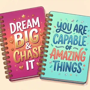 Twin wire cute spiral notebooks with motivational typography covers in bright, vibrant colors.