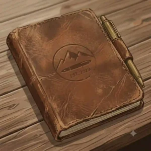 A detailed view of a handmade stitched leather pocket notebook emphasizing the durable thick thread and craftsmanship.