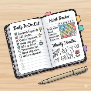 An open mini composition book used as a daily planner with a hand-written to-do list and habit tracker.