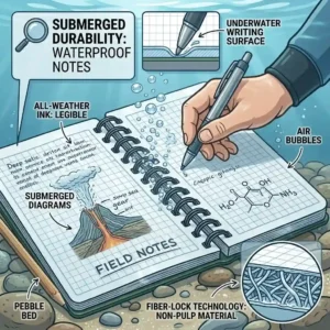 An illustration of a waterproof notebook fully submerged underwater with legible, smudge-free writing.