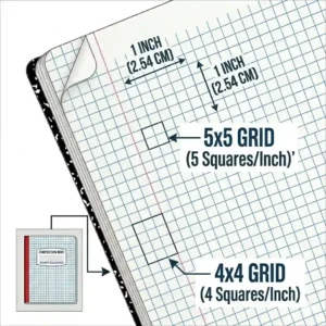 Illustration of grid paper composition book measurements detailing the 5x5 or 4x4 squares per inch layout.