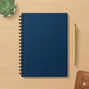 An artistic illustration of a hardcover spiral notebook being used as a daily bullet journal with colorful sketches.