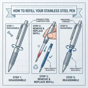 A clean infographic showing the step by step process of how to refill stainless steel pen.