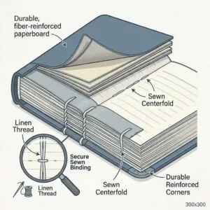 A detailed graphic highlighting the durable sewn binding and sturdy cover design of professional mini composition books.