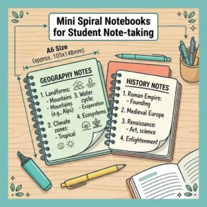 A flat-lay illustration of school supplies featuring open mini spiral notebooks with organized study notes and colored highlighters.