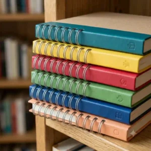A neat vertical stack of vibrant colorful spiral bound journals on a bookshelf.