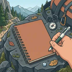 A traveler using a rugged pocket spiral notebook for journaling during an outdoor hiking trip.