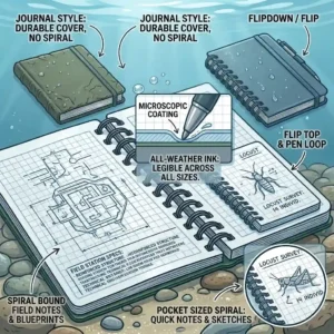An illustration comparing different styles of waterproof notebooks, including pocket-sized and spiral-bound journals.