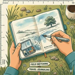 An artist using a portable b6 notebook size travel journal for watercolor sketching outdoors.