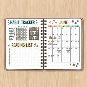 A creative bullet journaling spread inside a dotted grid spiral bound journal with markers.