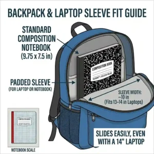 Digital illustration displaying how standard composition book measurements easily fit inside a standard school backpack or laptop sleeve.