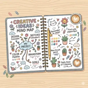 An open cute spiral notebooks with colorful doodles, mind maps, and handwritten notes on its pages.