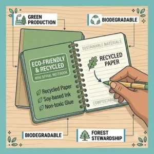 A line art illustration of eco-friendly mini spiral notebooks made from recycled kraft paper, accented with green leaf graphics.