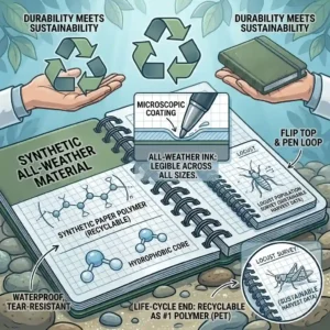An illustration of a recyclable waterproof notebook surrounded by green leaves, emphasizing sustainable and durable stationery.