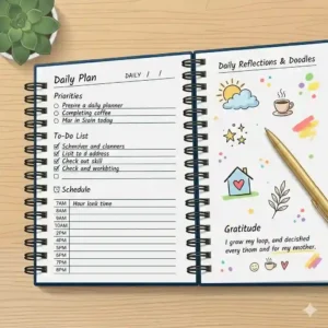Illustration of the expandable inner back pocket and elastic closure band on a hardcover spiral notebook.