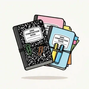 A cute flat-lay of pastel mini composition books bundled together with highlighters and binder clips for back-to-school.