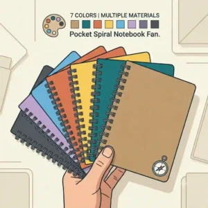 A hand holding a stack of pocket spiral notebook options showcasing a wide variety of colorful covers.