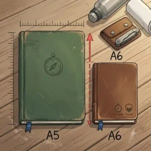A side-by-side size comparison illustration of A5 and A6 pocket-sized notebooks with hard cover.