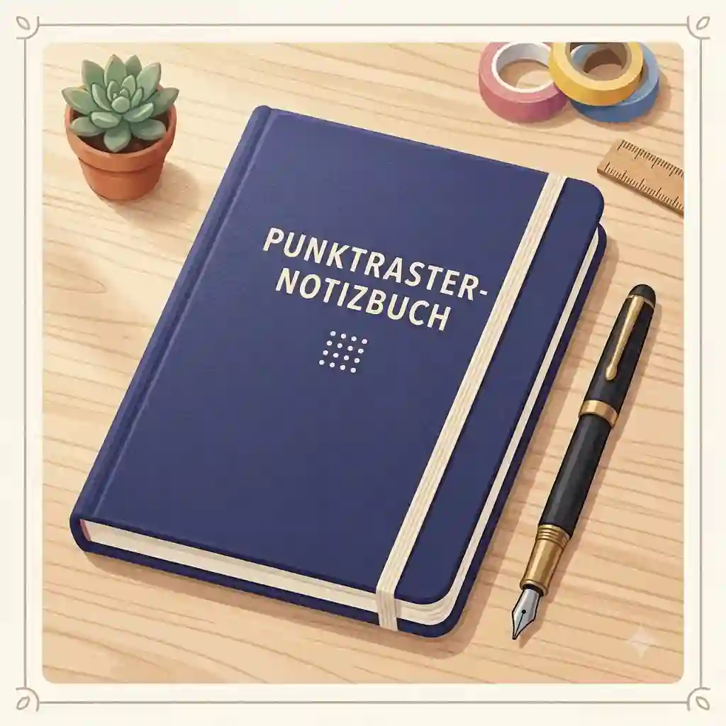 A closed, minimalist hardcover dotted graph notebook on a wooden desk next to a modern pen.