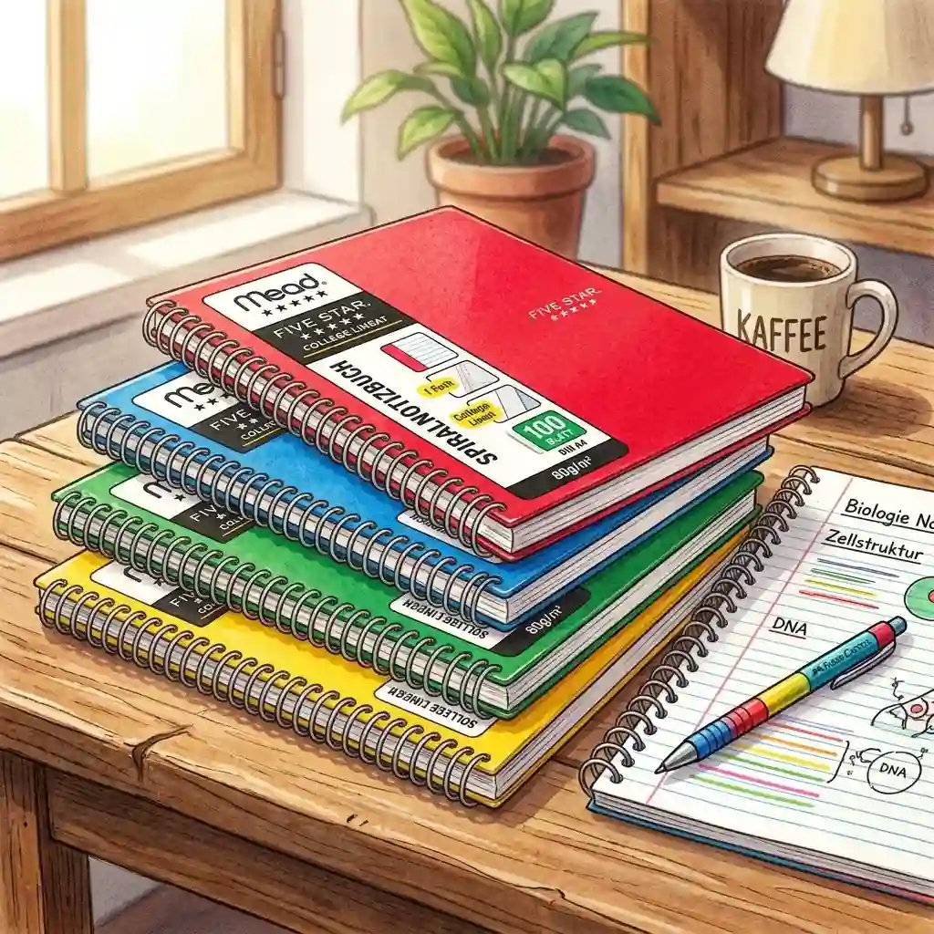 Mead spiral notebooks in colorful college ruled formats are neatly stacked on a clean wooden desk with a pen.