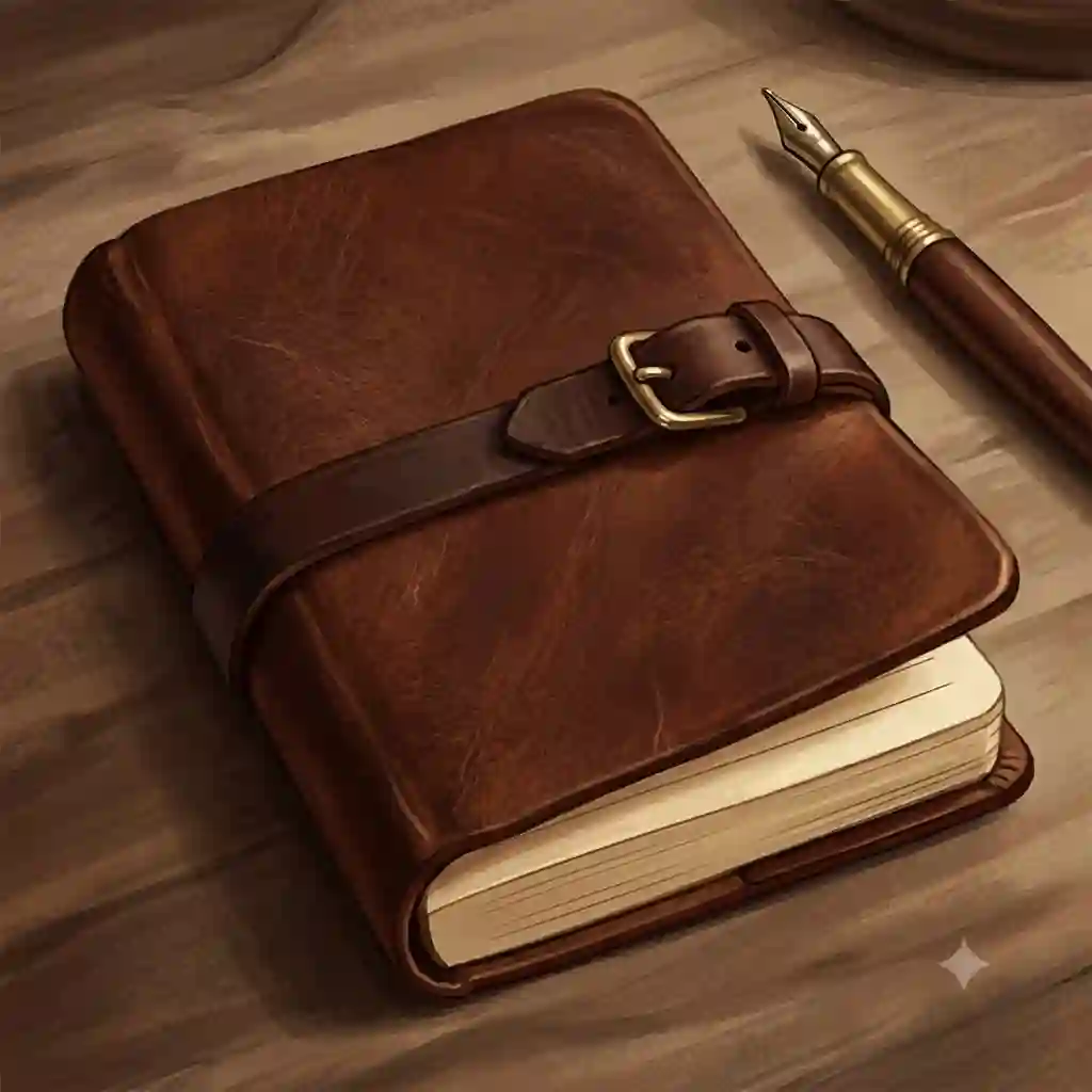 A premium small leather notebook with a classic wrap strap closure lying open on a rustic wooden desk next to a fountain pen.