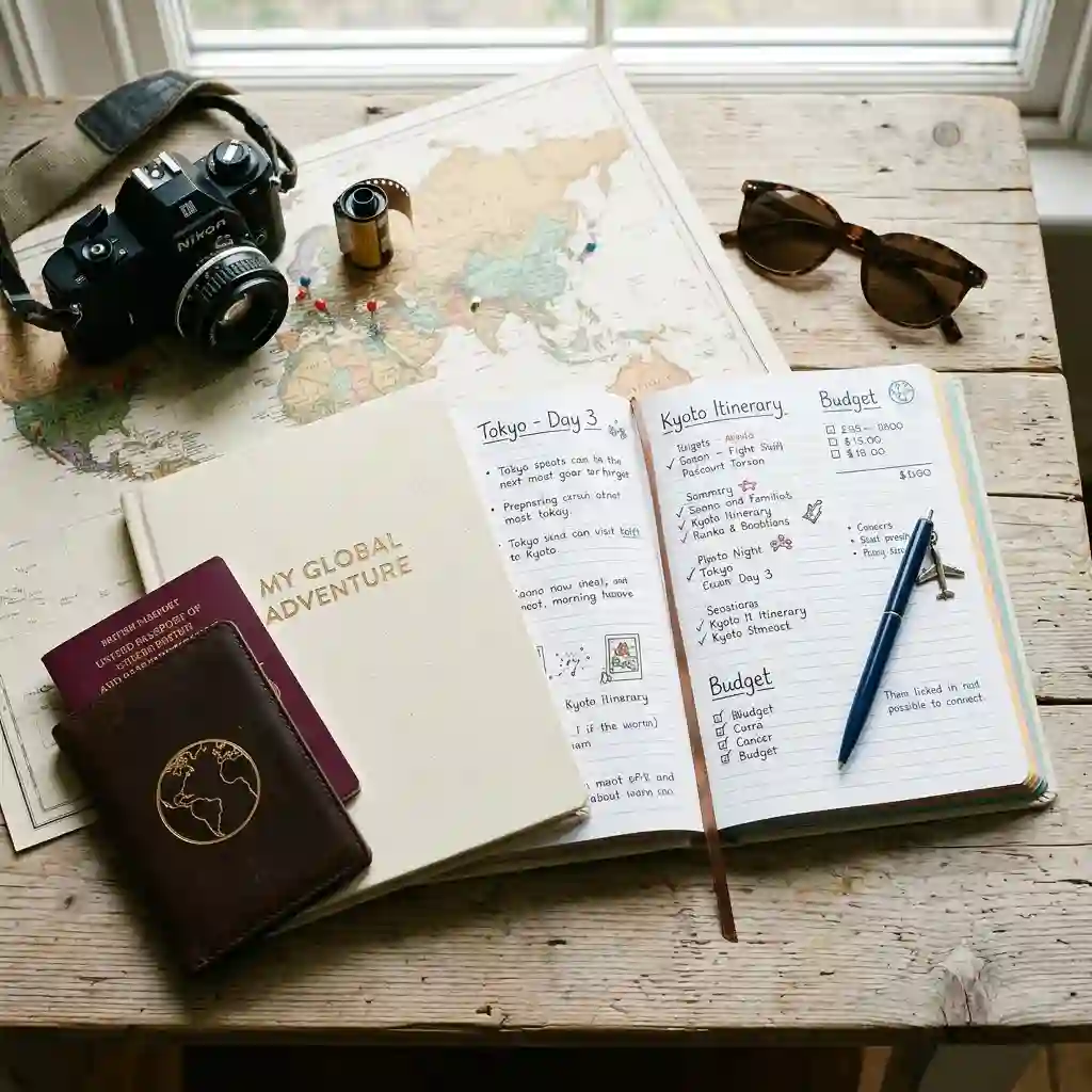 Open travel planner book on a wooden desk with a passport and camera.